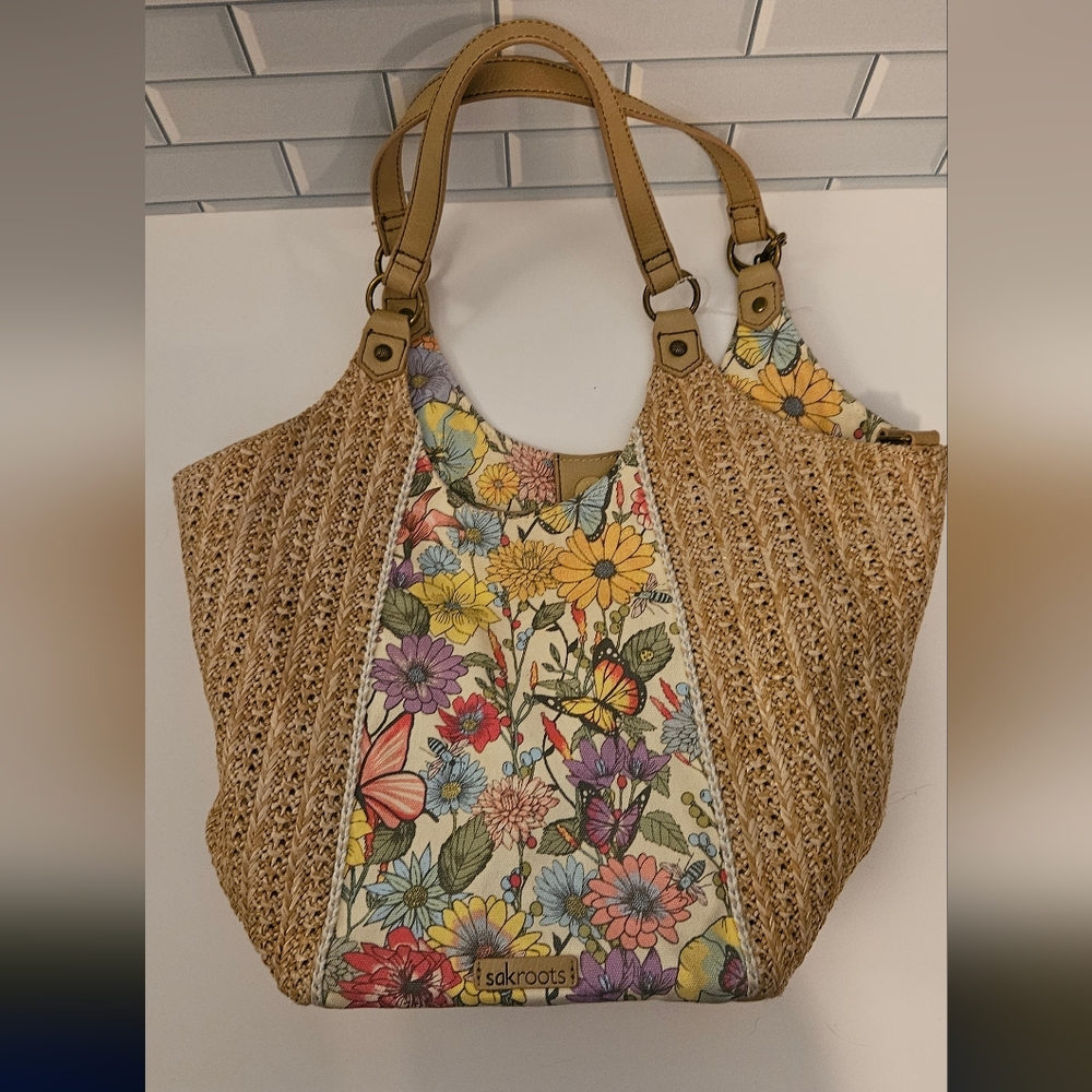 Sakroots Multicolor Floral Tan Straw boho Slouch Bag